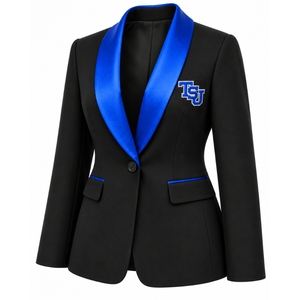 Blazer Negro Personalizado para Mujer con Solapa de Satén Azul Rey y Logotipo Bordado, Chaqueta de Uniforme Formal, Marca Privada OEM - Product Image 3