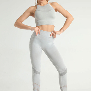 Gray 2 Piece Yoga Set Halter <b>Crop</b> <b>Top</b> High Waist Leggings Seamless Breathable <b>Mesh</b> Design Full Length Sports Wear for Women - Product Image 1