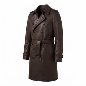 <b>Men's</b> Long Brown Leather <b>Trench</b> <b>Coat</b> With Belt Turn-down Collar Smart Casual Autumn Wear - Product Image 3