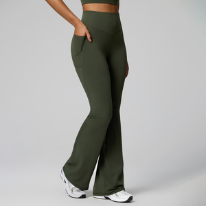 <b>High</b> <b>Waist</b> <b>Flared</b> Leg Yoga <b>Leggings</b> Full Length Solid Olive Green Spandex Nylon Seamless Four-Way Stretch Elastic <b>Waist</b> - Product Image 1
