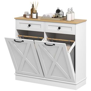 White Tilt Out Cabinet with 2 Removable <b>Baskets</b> and 2 Drawers <b>for</b> Bathroom <b>Storage</b>-Laundry Hamper - Product Image 1