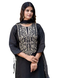 Salwar Kameez en soie noire avec broderie dorée et dupatta pour femme, coupe ample traditionnelle, longueur cheville, tenue décontractée - Product Image 3
