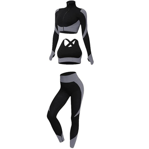 Women Color Blocking Fitness Set Long Sleeve <b>Crop</b> <b>Top</b> High Waist Leggings Breathable Mesh Seamless Yoga Wear Medium <b>Support</b> - Product Image 2