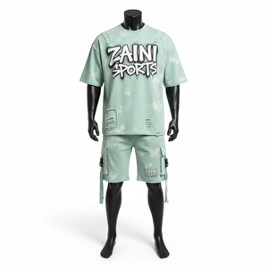 Ensemble t-shirt et short pour homme en jersey de coton premium, tissu doux lavé, couleur menthe, impression en relief, logo personnalisé. - Product Image 1