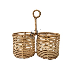 Water Hyacinth Utensil <b>Caddy</b> 4 Compartment Woven Silverware Holder with Handle Wood Beads Decorative Cutlery Basket For Kitchen - Product Image 5