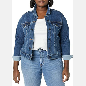 Veste en jean bleu classique pour femme, col rabattu décontracté, boutonnage frontal, couleur unie, coton délavé, coque en cuir véritable, coupe régulière - Product Image 4