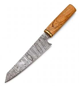 Couteau de chef Bunka artisanal en acier Damas avec manche en bois d'olivier naturel et collier en laiton - Product Image 6