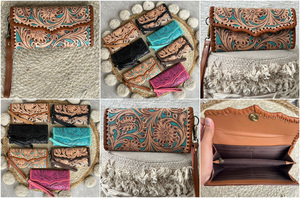 Western Designer Hand <b>Tooled</b> Genuine <b>Leather</b> Wallet Wristlet Clutch for Women Multi Card Holder Organizer Stylish Everyday Purse - Product Image 3