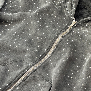 Men's Rhinestone Hooded Sweatshirt Acid Wash Zip Up Hoodie Oversized Streetwear Pullover - Product Image 6