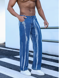 Jeans de mezclilla ajustados para hombre, lavados, casuales, de color gris oscuro, pantalones de mezclilla rectos estilo hip hop para hombre, pantalones de mezclilla de lavado medio - Product Image 6