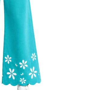 Pantalones Anchos de Mezclilla con Bordado Floral Turquesa para Mujer, Cintura Alta, Algodón, Estilo Palazzo, Personalizados, OEM, Marca Privada, Moda Casual - Product Image 4