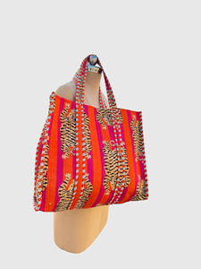 Bohemian Cotton Tote Bag With <b>Tiger</b> <b>Print</b> Striped Pattern Open <b>Top</b> Design For Shopping All Seasons - Product Image 2