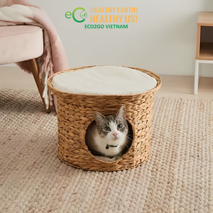 Handmade Woven <b>Cat</b> Cave House – Round Water Hyacinth Pet Nest with Washable Cushion - Product Image 5