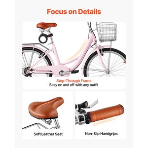 Vélo de plage pour femmes de 24 pouces, 7 vitesses, vélo de ville pour adultes, cadre en acier au carbone, capacité de 330 lb, fourche en aluminium, panier et porte-bagages arrière - Product Image 6