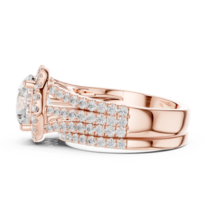 Anillo de compromiso chapado en oro rosa con moissanita de corte redondo y halo de diamantes laterales, banda de varias filas para mujer - Product Image 2