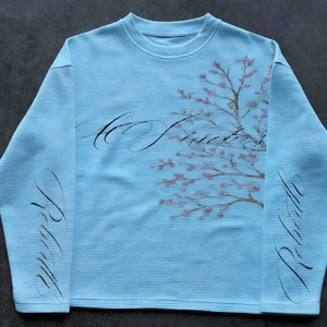 <b>White</b> Heat <b>Throw</b> Long Sleeve T Shirt Ribbed Crew Neck Cherry Blossom Script Casual Leisure Top - Product Image 3