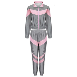 Ensemble de survêtement gris et rose pour femme, avec blocs de couleur, manches longues, fermeture éclair, style sportif décontracté, léger, séchage rapide, coupe régulière - Product Image 1
