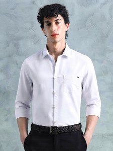 เสื้อเชิ้ตผู้ชายสีขาวล้วน ผ้าฝ้ายลำลอง แขนยาว ปกคอพับ ผ้าฝ้ายระบายอากาศ ใส่ได้ในฤดูร้อน - Product Image 1