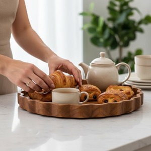 Plateau de service en bois irrégulier avec tasses à thé, noix et bol – Vaisselle moderne et minimaliste, compatible lave-vaisselle, pour thé et café - Product Image 5