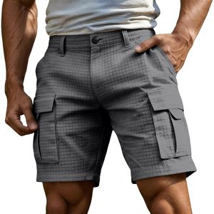 Men's Gray Solid Cargo Shorts Mid Waist Breathable Quick Dry Canvas Fabric Casual Bermuda with Pockets Elastic Waist - Product Image 1