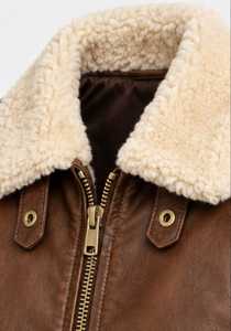Chaqueta de Cuero Marrón para Hombre con Cuello de Piel de Sherpa y Cierre de Cremallera - Product Image 2