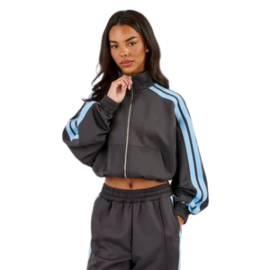 Conjunto Deportivo Corto para Mujer con Cremallera Completa, Rayas en Contraste, Pantalones Anchos con Cordón en la Cintura, Estilo Relajado de Dos Piezas para Streetwear - Product Image 3