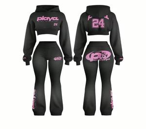 Conjunto de chándal con capucha verde oliva para mujer, manga larga, cremallera frontal, estampado de letras, dobladillo dividido, estilo urbano, otoño, corte regular, 100% algodón - Product Image 6