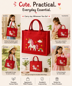 Cute Cartoon Unicorn Woven Jute Shopping Bag Red <b>Magnetic</b> Snap Closure Medium Size Daily Use - Product Image 3