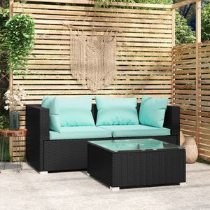 3 pezzi di mobili da giardino in Poly Rattan nero con cuscini - Product Image 1
