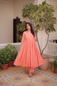 Women Coral Cotton Floral Embroidered Long Sleeve V Neck Flared Anarkali Ankle-Length Quick Dry Traditional Casual <b>Wedding</b> <b>Dress</b> - Product Image 6