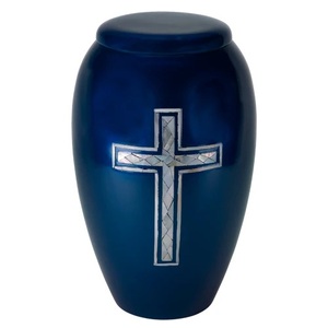 Urne funéraire bleu roi avec incrustation de croix faite à la main, couvercle sécurisé, porte-cendres commémoratif, décoration religieuse pour la mémoire - Product Image 3
