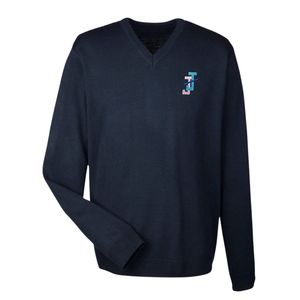 เสื้อสเวตเตอร์คอวีปักลายสีน้ำเงินกรมท่าแบบสั่งทำพิเศษสำหรับวัยรุ่นชายและคุณพ่อ เสื้อถักแบบครอบครัวเข้าชุดกัน แขนยาว สวมใส่สบายๆ แบบลำลอง - Product Image 1