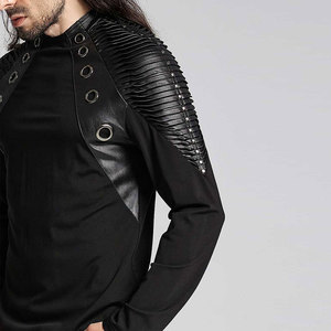Men's Gothic Black Long Sleeve T-<b>Shirt</b> Slim Fit Top with 3D Pleated Faux Leather Shoulders and Rivet Details - Product Image 1