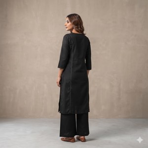 Ramas <b>Women's</b> Casual Solid Cotton Breathable Embroidered 2-Piece Long Summer <b>Kurta</b> Set with Three-Quarter Sleeves Full-Length - Product Image 5