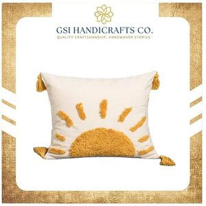 Sun Embroidery <b>Throw</b> Pillow Square Bohemian Style Decorative Cushion with Tassels Yellow and <b>White</b> Cotton Cover For Bulk Supply - Product Image 2