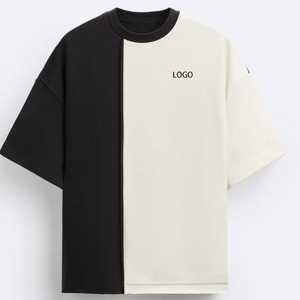 <b>Men's</b> Contrast Color Blocked Short Sleeve O-Neck T-Shirt Oversized Knitted Cotton Minimalist Front Logo Design - Product Image 2