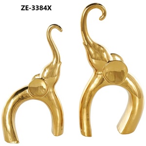 Set of Two Gold <b>Elephant</b> Metal Sculptures with Raised Trunks Luxury <b>Table</b> Decor for Home Office and Gifting - Product Image 3