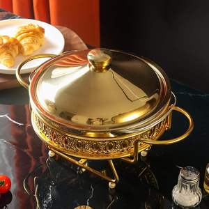 Recipiente Redondo Dorado para Servir con Tapa de Vidrio Templado, Calentado con Combustible, para Uso en Restaurantes y Banquetes - Product Image 4