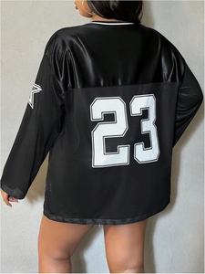 Women's Plus Size Casual V Neck Long Sleeve T Shirt <b>Tops</b> Oversized Mesh Letter Graphic Jersey Shirts with Logo Decoration - Product Image 2