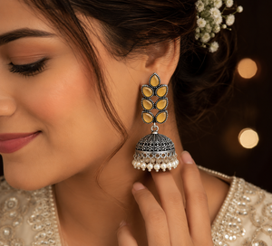 Indian Bohemian Floral Teardrop Brass Antique <b>Silver</b> Plated Yellow Onyx Statement Drop <b>Earrings</b> for Women Wholesale Supplier - Product Image 2