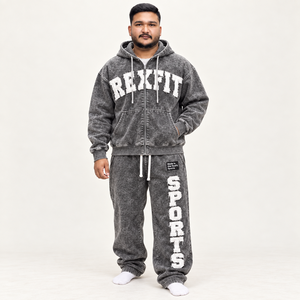 Heavyweight Fleece Unisex Tracksuit Acid Wash Custom <b>Full</b> <b>Zip</b> <b>Hoodie</b> Applique Relaxed Sweatpants Casual Streetwear Set - Product Image 3