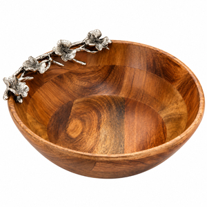 Bol à salade en bois avec accent floral métallique, élégant bol rond en bois pour fruits, idéal pour hôtel, restaurant, décoration de la maison - Product Image 1
