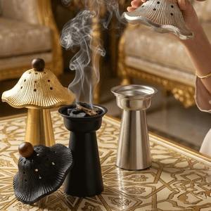 Brûleur à encens vintage en métal en forme de champignon avec couvercle, porte-encens arabe pour Oud, pour décoration de bureau et cadeaux, Or, Argent, Noir, Cendres - Product Image 2