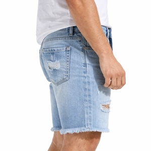 Pantalones Cortos de Mezclilla Azul Claro para Hombre, Desgastados, con Bajo Deshilachado, Estilo Casual de Verano - Product Image 4