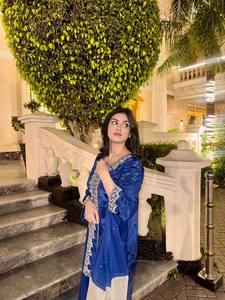 Ensemble haut et pantalon palazzo brodés bleus, col en V, manches longues, robe modeste, tenue de fête du Ramadan - Product Image 4