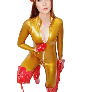 Women's Gold PU Coated Full Length <b>Jumpsuit</b> <b>Long</b> <b>Sleeve</b> V-Neck Zipper Skinny Fit Clubwear Spandex Polyester Material - Product Image 6