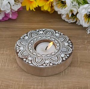 Rustic Wooden Mandala <b>Tealight</b> Candle Stand Decorative Bohemian Accent for Home Temple Meditation and Gift Giving - Product Image 2
