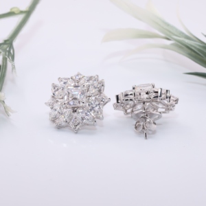 White Gold Asscher Cut Lab Grown Diamond Classic Floral Stud <b>Earrings</b> Marquise Princess Sunburst <b>Halo</b> Wedding Engagement - Product Image 2