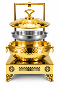 Plat de service buffet en acier inoxydable doré martelé, finition miroir, design royal, pour mariages, banquets et traiteurs - Product Image 1