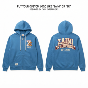 Sweat à capuche zippé pour homme, 350 grammes, en molleton de coton et polyester, bleu ciel, avec broderie chenille personnalisée sur le devant et impression sérigraphiée, grammage lourd - Product Image 1